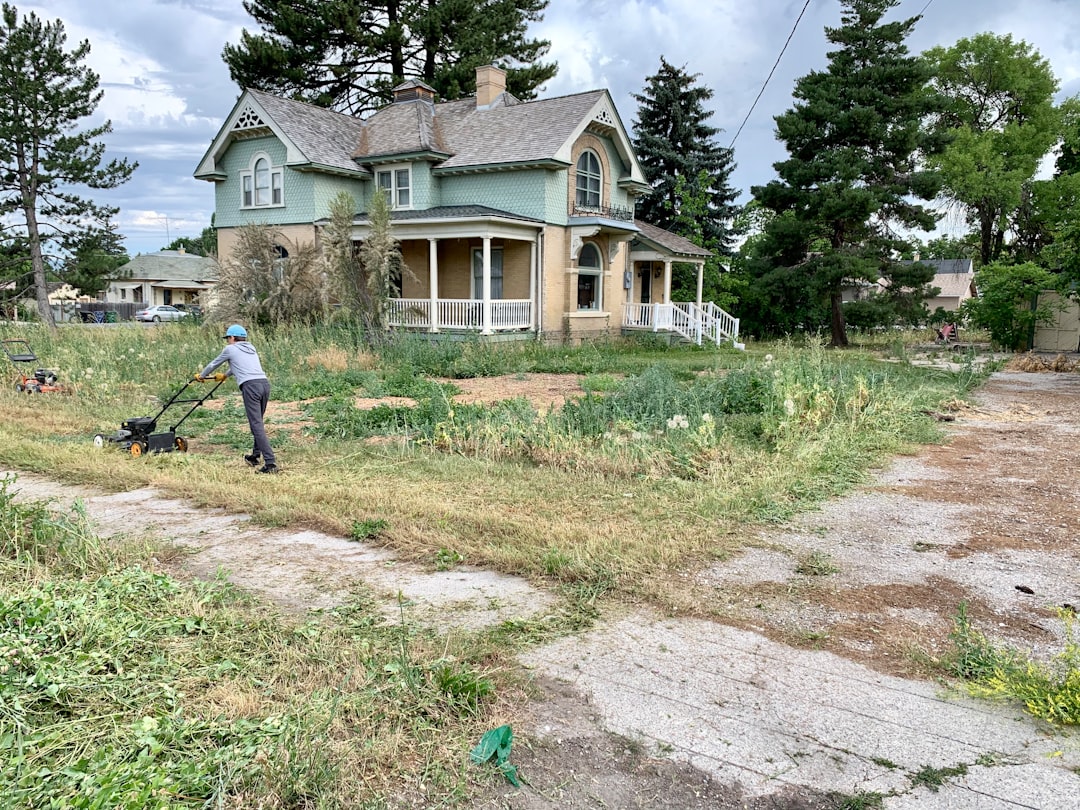 Landscaper clearing overgrown yard